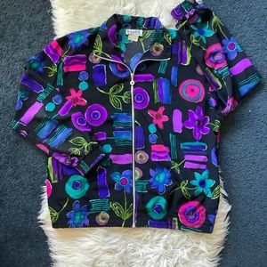 Vintage zip up jacket watercolor floral print purple & blue Medium/Large